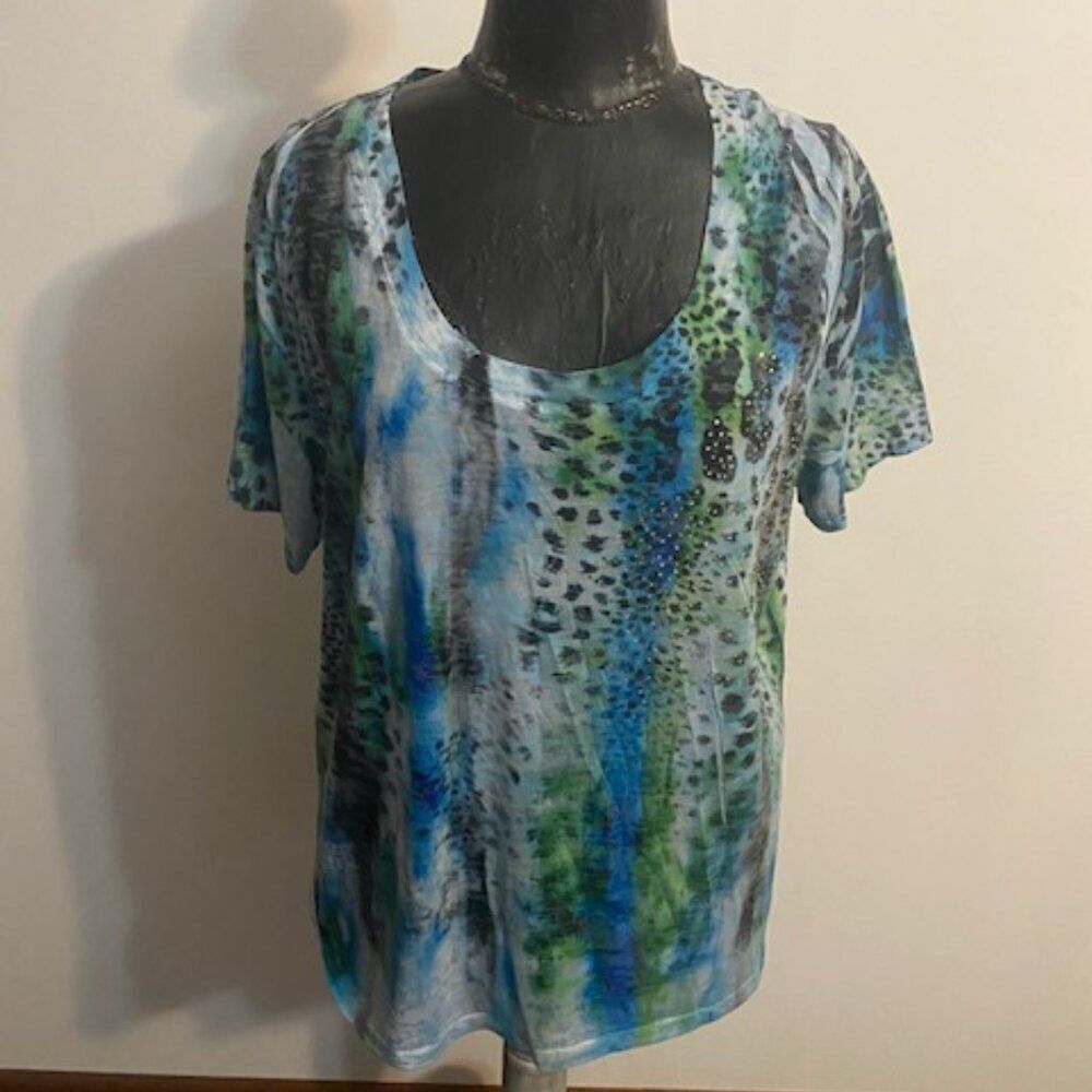 Lane Bryant Blue/Green/Black Animal print embellished top, size 14/16